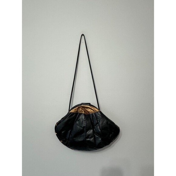 VINTAGE ART DECO/RETRO BLACK AND COPPER FLOWER HINGED SHOULDER BAG - Picture 2 of 6
